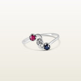 Anillo en oro blanco con rubí, zafiro y diamante