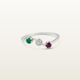 Anillo en oro blanco con esmeralda, rubí y diamante